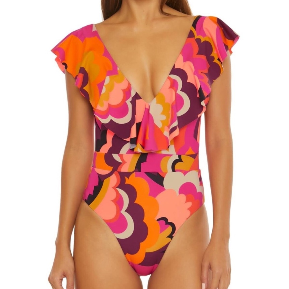 Ruffle V-Neck One-Piece Swimsuit in Multi Pink-Orange Print